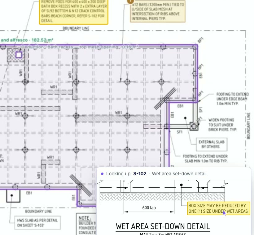 A note on the slab plan refers to sheet S-102, and Joyne has the wet area set-down detail from S-102 open beside it