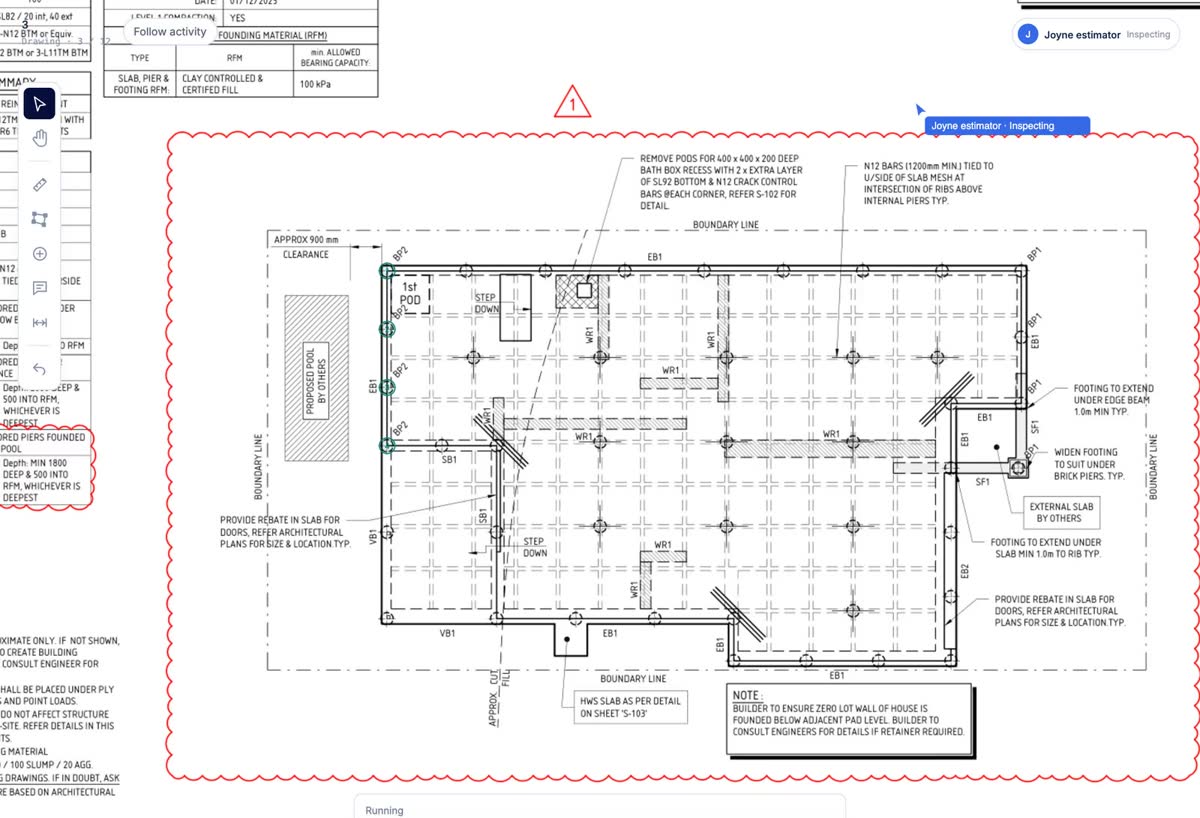 Silent loop: a person's count marks and Joyne's cursor tracing bars on the same slab plan, with the canvas toolbar